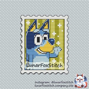 Blue dog postage stamp cross stitch pattern - pet animal girl cartoon character geek cute embroidery - PDF Instant download - Small