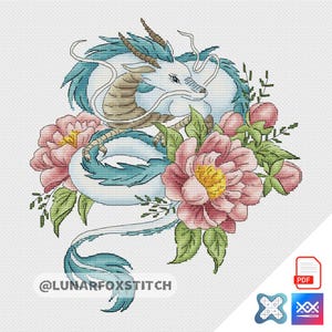 Modèle de point de croix dragon et fleurs - broderie magique animal fantastique de conte de fées (téléchargement PDF)