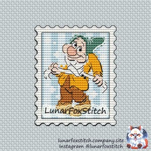 Shy dwarf postage stamp cross stitch pattern - princess cottagecore mining geek cartoon embroidery - PDF Instant download - Small