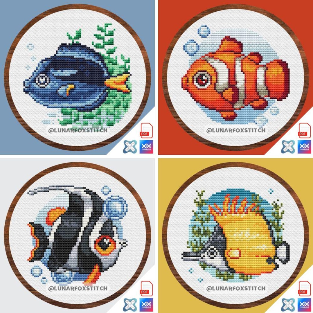 Mini Fish Pattern Fish - Set of 4 - Mini Cross Stitch Pattern - Clownfish Ocean Aquarium ...