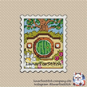Patrón de punto de cruz de sello postal de agujero de hobbit - naturaleza cómics dibujos animados película regalo fantasía lindo bordado - PDF descarga instantánea - Pequeño