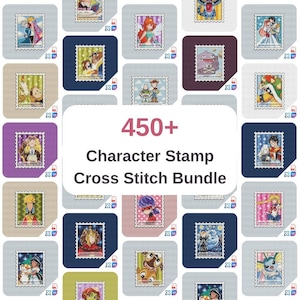 Könnte beinhalten: Eine Sammlung von Kreuzstichmustern mit verschiedenen Charakteren, präsentiert in einem stempelartigen Design. Der Text "450+ Character Stamp Cross Stitch Bundle" ist enthalten. Jeder Stempel hat ein einzigartiges Charakterdesign mit einer Vielzahl von Farben und Stilen.