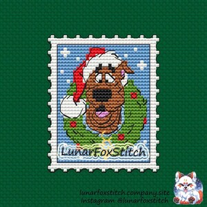 Christmas dog postage stamp cross stitch pattern - horror anime character geek cute cartoon embroidery - PDF Instant download - Small