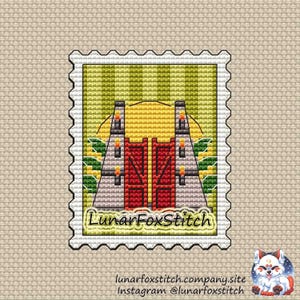Dinosaur gate postage stamp cross stitch pattern - reptile dragon comics cartoon movie fantasy cute embroidery - PDF Instant download Small