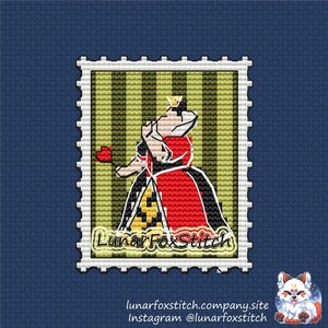 Heart queen postage stamp cross stitch pattern - alice princess castle card rabbit geek cartoon girl embroidery - PDF Instant download Small