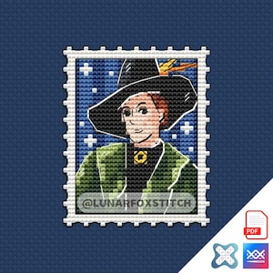 May include: A cross-stitch pattern shaped like a postage stamp featuring a person wearing a wide-brimmed black hat with an orange feather, a green jacket, and a dark shirt with a yellow emblem against a blue starry background. Text reads @LUNARFOXSTITCH.