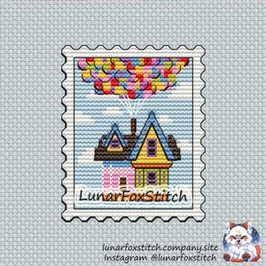 Modèle de point de croix de timbre-poste de maison de ballon - broderie d'arc-en-ciel de garçon mignon d'aventure de dessin animé d'anime - téléchargement instantané de PDF - petit