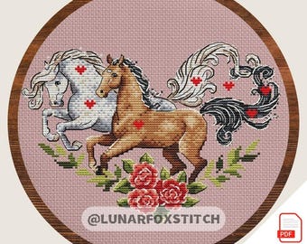 Wild love Horses cross stitch pattern - animal nature pony heart embroidery (PDF Download)