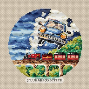 Magic Express train flying blue car сross stitch pattern - wizard witch embroidery (PDF Download)