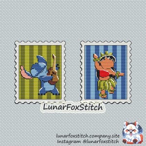 Blue chibi dog and girl postage stamp cross stitch pattern - geek cartoon movie fantasy cute embroidery - PDF Instant download - Small