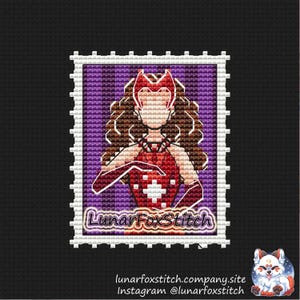 Sorcière rouge timbre-poste motif point de croix - fille assistante comics dessin animé film cadeau fantaisie jolie broderie - PDF à télécharger - petit