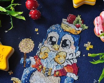 Caramel Penguin cross stitch pattern - Christmas winter Santa Claus animal embroidery (PDF Download)