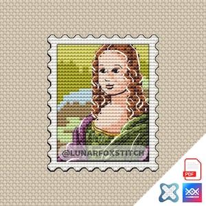 May include: Cross-stitch pattern depicting the Mona Lisa as a postage stamp. The image shows the famous portrait in a green and purple dress, with brown hair. The text "@LUNARFOXSTITCH" is present. The background is a landscape.