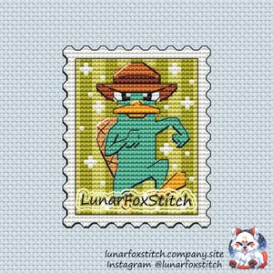 Platypus postage stamp cross stitch pattern - pet animal spy comics cartoon movie fantasy cute embroidery - PDF Instant download - Small