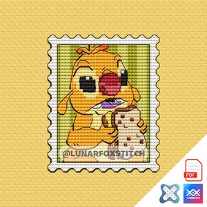 Yellow chibi dog postage stamp cross stitch pattern - geek cartoon movie fantasy cute hawaii embroidery - PDF Instant download Saga - Small