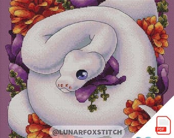 Tenderness snake cross stitch pattern - reptile flower gothic embroidery (PDF Download)