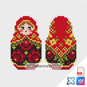May include: Cross stitch pattern of a traditional Russian nesting doll, or matryoshka doll. The doll is red with black and gold floral designs. The pattern is available as a PDF download.