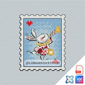 Padrão de ponto cruz de selo postal de coelho branco - livro de história de animais de estimação de fandom geek com bordado de coração - PDF para download instantâneo - Pequeno