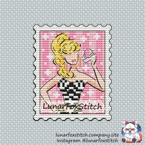 Pink doll girl postage stamp cross stitch pattern - princess toy blond hair comics cartoon movie cute embroidery PDF Instant download Small