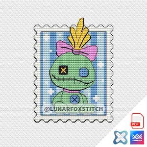 Cute green toy postage stamp cross stitch pattern - geek comics cartoon movie gift blue dog embroidery - PDF Instant download - Saga - Small