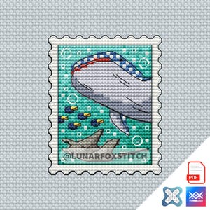 Under The Sea Postage Stamp Cross Stitch Pattern - Whale Shark  fish ocean embroidery (PDF Download)