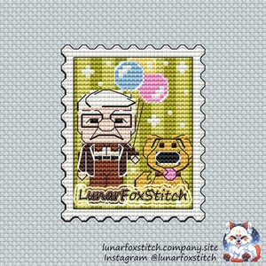 Man and dog postage stmap cross stitch pattern - geek comics cartoon movie gift fantasy cute embroidery - PDF Instant download - Small