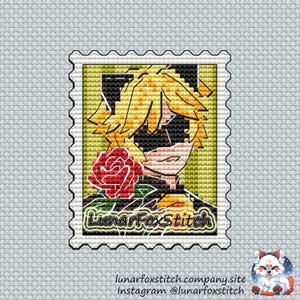 Black cat anime girl postage stamp cross stitch pattern - geek comics cartoon movie gift cute embroidery - PDF Instant download - Small