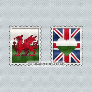 Pays de Galles, motif point de croix de timbre-poste du Royaume-Uni - voyage pays voyage drapeau dragon Angleterre Irlande - PDF à télécharger - petit