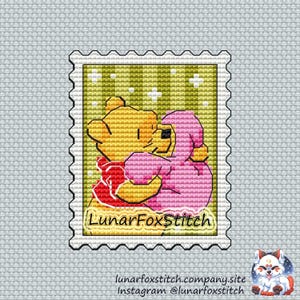 Bear heart postage stamp cross stitch pattern - cute honey cartoon pet animal sweet home child gift embroidery - PDF Instant download Small