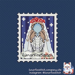 Gothic bride postage stamp cross stitch pattern - girl witch rose flower character geek cute cartoon embroidery - PDF Instant download Small
