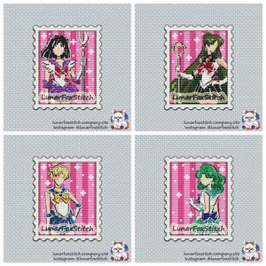 Anime girl 4 set postage stamp cross stitch pattern - cute pink princess queen dress embroidery - PDF Instant download - Small