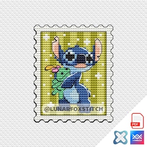 Padrão de ponto cruz de selo postal de cachorro chibi azul - quadrinhos geek desenho animado filme presente fantasia bordado fofo - PDF Download instantâneo - Pequeno