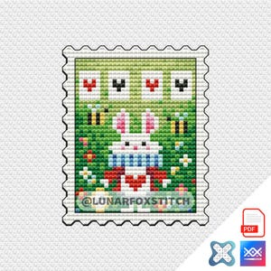 Patrón de punto de cruz de sello postal de conejo blanco - Bordado de mascota de corazón de princesa reina de las cartas de Alicia - PDF Descarga instantánea - Saga Small