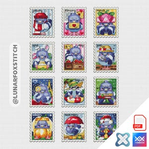Peut inclure: Douze motifs de point de croix en forme de timbres-poste, chacun représentant un personnage d'oiseau bleu. Les oiseaux sont accessoirisés pour différents mois, avec du texte indiquant le mois. Les motifs sont sur fond blanc, avec le texte '@LUNARFOXSTITCH'.