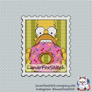 Modèle de point de croix timbre homme et donuts - geek comics dessin animé film cadeau fantaisie jolie broderie - PDF à télécharger - petit