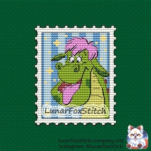 Motif point de croix de timbre-poste de dragon vert - broderie de livre d'anime de dessin animé d'animal de compagnie de fantaisie magique - téléchargement instantané de PDF - petit