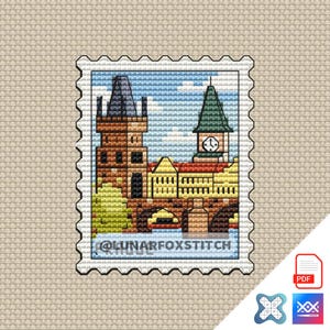 Prague postage stamp cross stitch pattern - country travel Czech Republic castle embroidery (PDF Download)