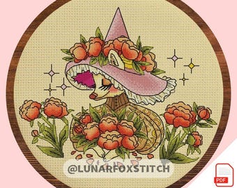Peonies fox cross stitch pattern - wizard witch animal fantasy flower embroidery (PDF Download)