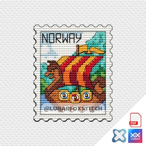 May include: A cross-stitch pattern of a vintage postage stamp with the word "NORWAY" printed on it. The stamp features a colorful Viking ship with a red, yellow, and orange sail.