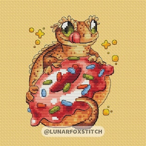 Patrón de punto de cruz de gecko donut: bordado de dinosaurio, lagarto y reptil (descarga en PDF)