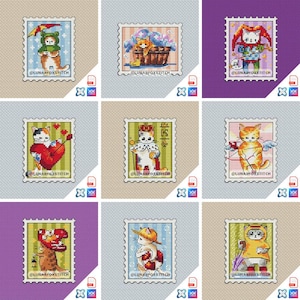 Katze - 9er Set Briefmarken - Kreuzstich Stickmuster - Haustier Tier Ente Froschkönig Stickdatei Herz Pilz - PDF Sofortdownload - S