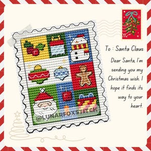 Christmas postage stamp cross stitch pattern - Snowman Santa Claus Gift embroidery (PDF Download)