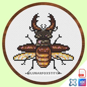 Stag beetle cross stitch pattern - insect botany pixel embroidery (PDF Download)