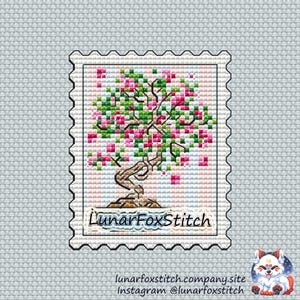 Modèle de point de croix de timbres Sakura Japon - broderie de fleurs roses bonsaï - téléchargement instantané PDF - petit