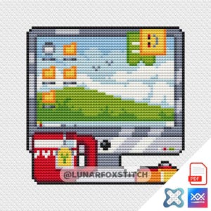 May include: Cross-stitch pattern of a retro computer monitor with a pixelated landscape and icons. The monitor is gray with a red base and a yellow and orange accent. The text "@LUNARFOXSTITCH" is visible.