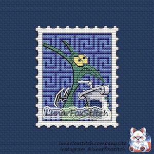 Patrón de punto de cruz de sello postal de bestia chibi azul - Deimos Fobos Mitología griega Hades Hércules bordado - PDF Descarga instantánea - Pequeño