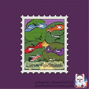 Turtle friends postage stamp cross stitch pattern - comics rat mouse city boy character geek cute embroidery - PDF Instant download - Small