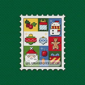 Kerstpostzegel kruissteekpatroon - sneeuwpop kerstman cadeau gemberkoekjes - pdf direct downloaden - sage - klein