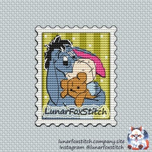 Cute donkey postage stamp cross stitch pattern - cute bear honey heart cartoon pet animal sweet home embroidery - PDF Instant download Small