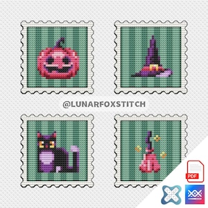 Halloween - Pumpkin, Hat, Cat, Broom mini stamp cross stitch pattern - embroidery (PDF Download)